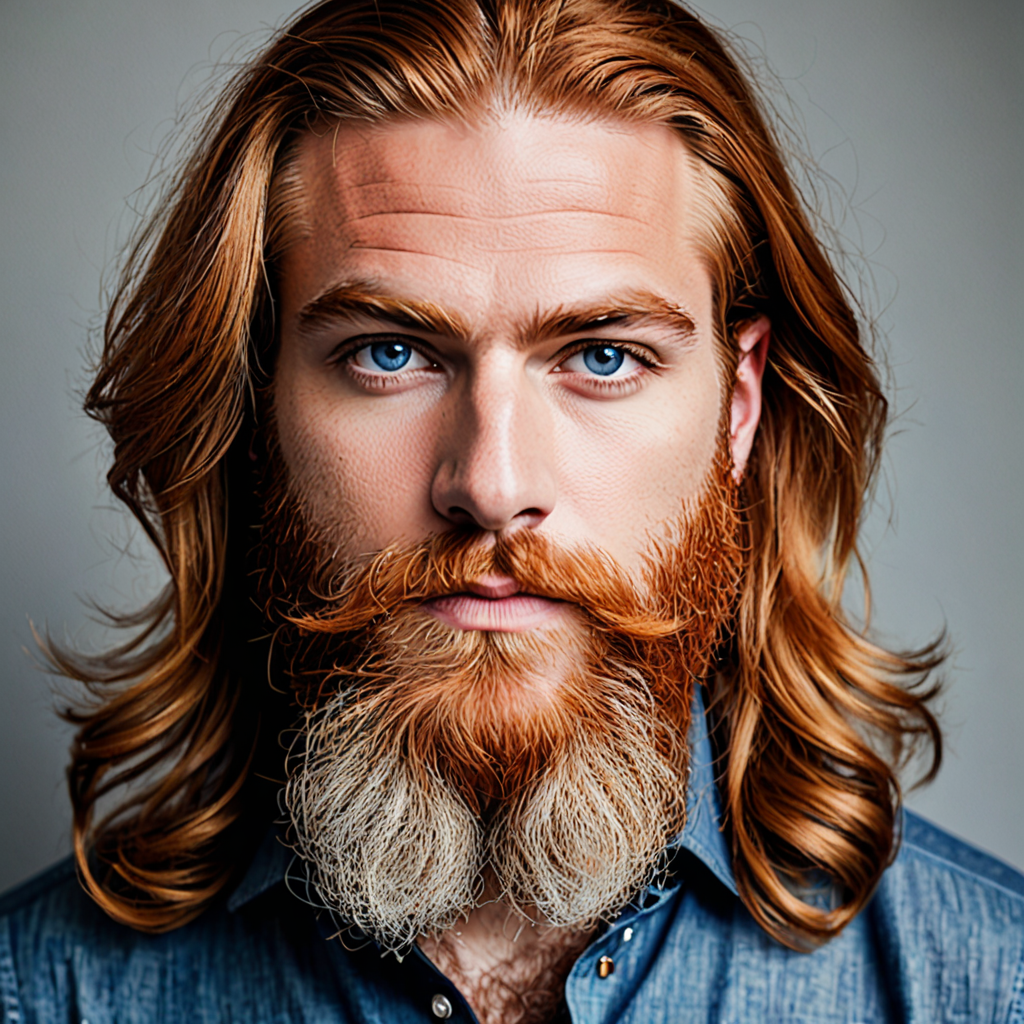 Homme roux, barbe de 1 cm avec un bouc de 3 cm. Avec les yeux bleu et ...