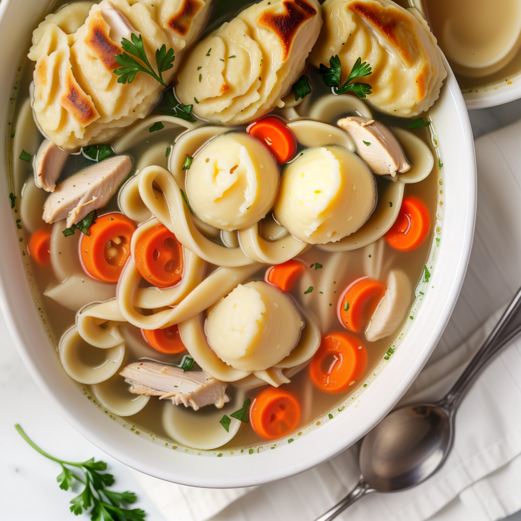chicken noodle soup over mashed potatoes