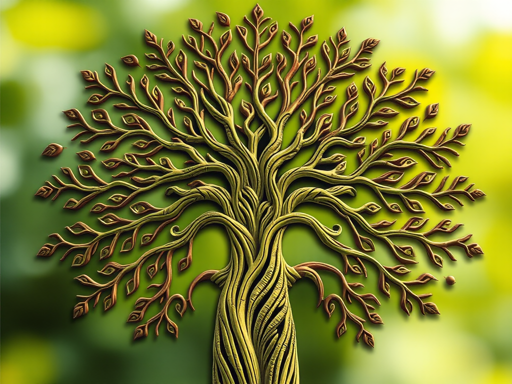 illustration of a stylized tree design with intricate patterns, high resolution, macro lens, f/2.8 aperture, ISO 100, natural lighting, centered composition, digital art style