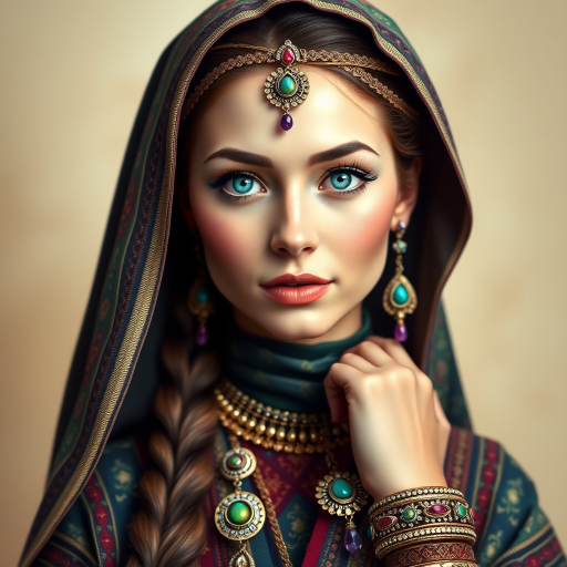 Create a portrait of a beautiful Circassian woman with striking cyan eyes and a gentle expression. She is adorned in traditional attire with intricate patterns, including a richly embroidered headscarf and matching garments. Her jewelry includes a delicate headpiece, dangling earrings, and ornate bracelets, all featuring vibrant gemstones and detailed metalwork. The background is soft and warm, enhancing the rich colors of her outfit and jewelry.