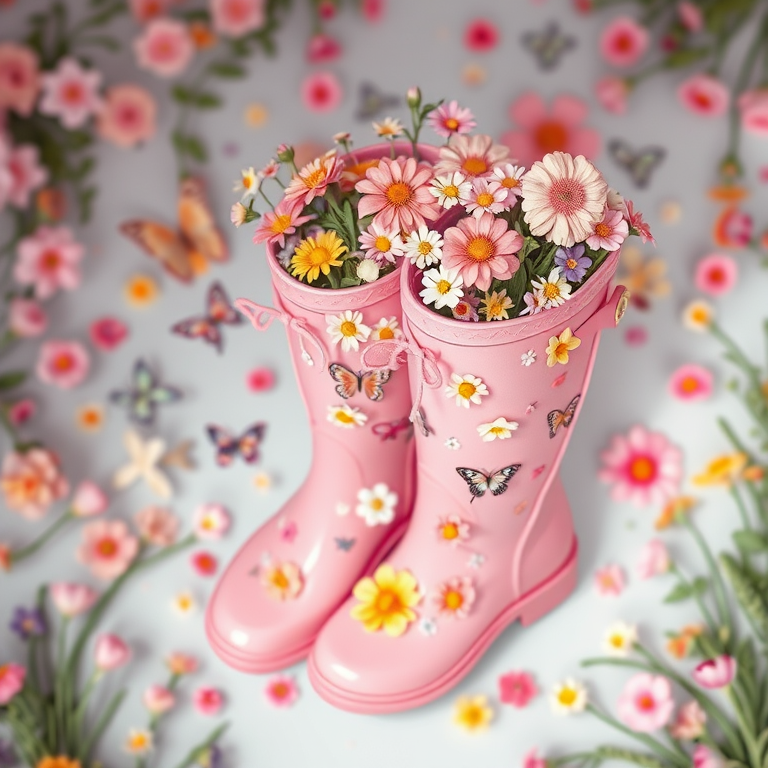 spring-themed illustration of pink rubber boots filled with colorful flowers, butterflies, and soft pastel colors, shot with a Canon EOS R5, aperture f/2.8, ISO 100, 50mm lens, soft focus style, top-down view.