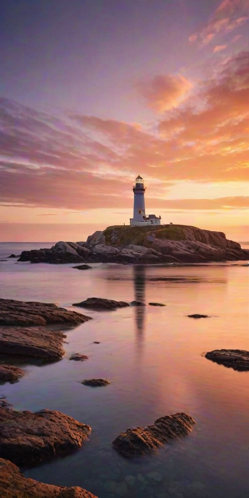 Generate an image of a tall lighthouse perched on a rocky outcrop surrounded by calm ocean waters during a breathtaking sunset. The lighthouse stands sturdy and weathered, its stone surface illuminated by the warm golden light of the setting sun. The sun's rays pass directly through the glass lantern room at the top of the lighthouse, casting a brilliant light across the scene. The sky is painted with vibrant shades of orange, pink, and purple, reflecting off the tranquil sea. The surrounding water shimmers with the same warm hues, creating a serene and majestic atmosphere.