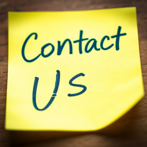 Create a bright yellow sticky note with hand-drawn text that says "Contact Us," captured in close-up using a DSLR camera at f/2.8 apertures, ISO 100, and a 50mm lens, ensuring a soft blurred background for emphasis.