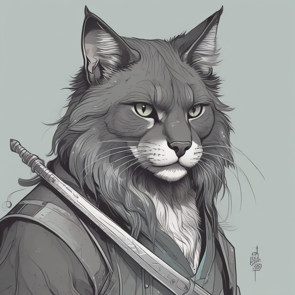 comic book style art of a warrior cat with black fur with a white spot on its belly and light green eyes with sword fight