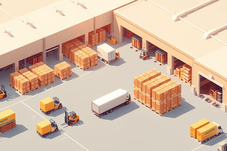 Create a detailed warehouse logistics illustration with an aerial view showing forklifts, delivery trucks, stacked boxes, and warehouse buildings in a minimalist style, using a digital camera set to f/8 aperture, ISO 100, and a 24mm lens for sharp focus and vibrant colors.