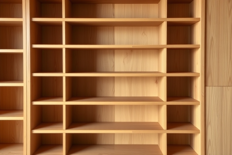 Create a high-resolution image of a wooden bookshelf with varying shelf heights and empty spaces, photographed from a straight-on view using a DSLR camera set to f/4 aperture, 50mm lens, ISO 100, and natural lighting.