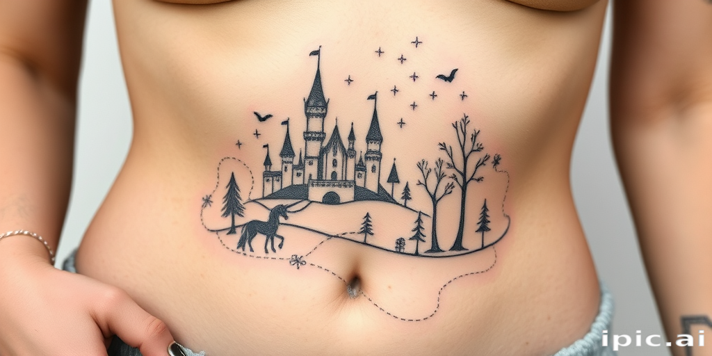 Delicate fine line tattoo wrapping around the ribcage, illustrating a whimsical fairy tale scene with a castle, unicorn, and enchanted forest in minimalist black ink