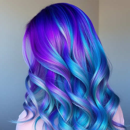 Mesmerizing holographic hair color shifting from purple to blue to green, styled in mermaid waves for an otherworldly "Galactic Siren" look