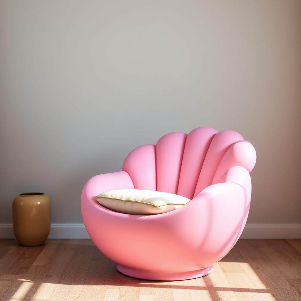 create a high-resolution image of a pink shell-shaped chair with a cream-colored cushion, captured with a DSLR camera at f/2.8 aperture, ISO 100, 50mm lens, with a soft-focus background and natural lighting to enhance details and colors