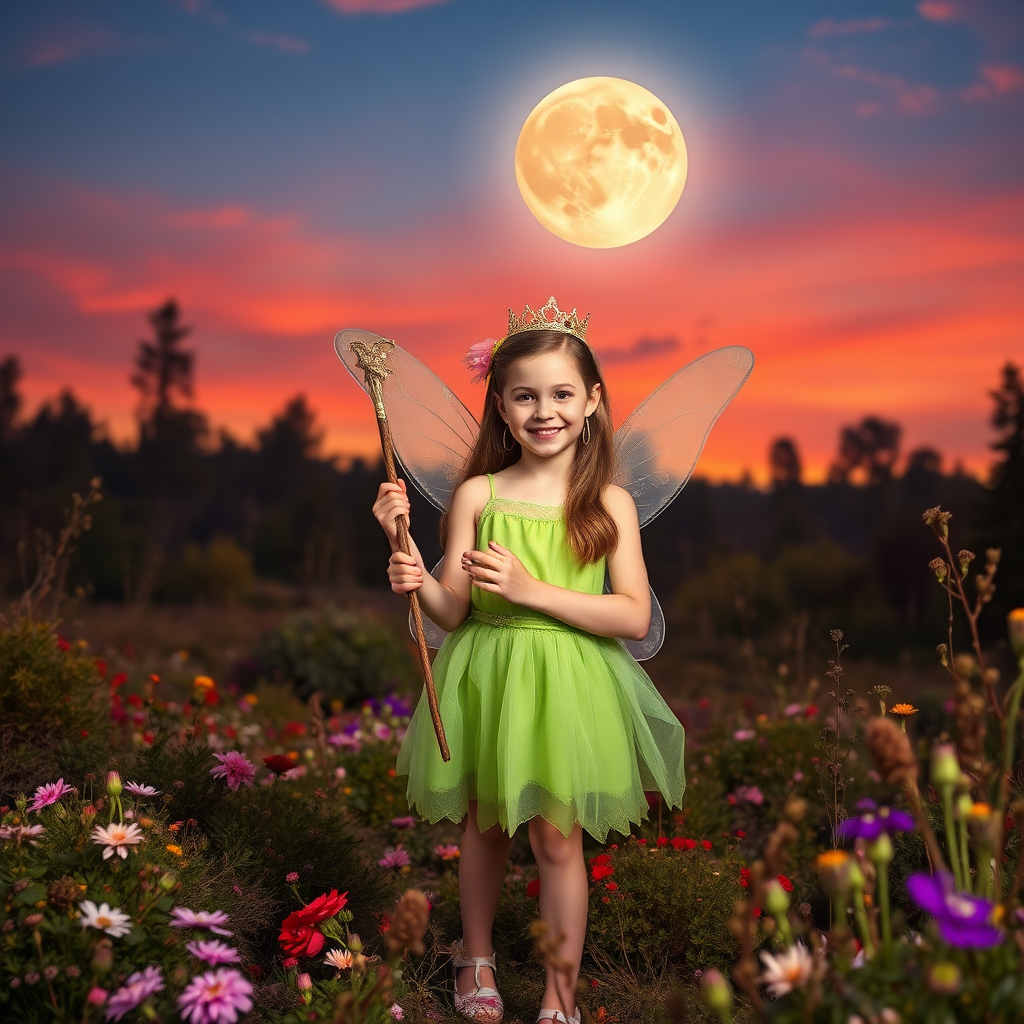 A vivid photo  taken under a bright camera flash of a fantastical scene set against a backdrop of a forest during sunset. The main subject is a girl dressed as a fairy, adorned with translucent wings and a green dress, holding a wand, her face is happy, and she wears a crown on her head. The forest behind her is a blend of flowers, shrubs and trees. The sky is painted in hues of orange and pink, with a large, glowing moon casting a warm glow over the scene. The overall color palette is dominated by earthy tones.