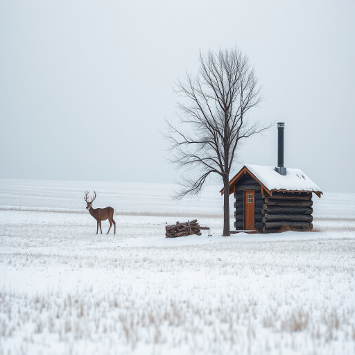 A serene winter landscape featuring a small wooden cabin with a smoking chimney and a deer standing by a tree in a snowy field, captured with a Canon EOS R5, 50mm lens, f/8 aperture, 1/200 sec shutter speed, soft focus, and a cool color palette for a calm atmosphere.