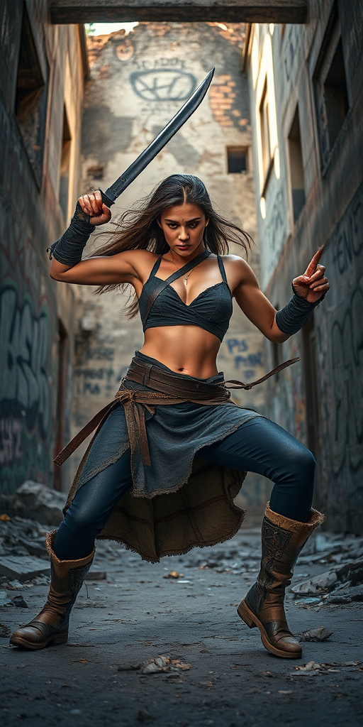 Female warrior in a dynamic pose in a ruined urban setting with graffiti, natural light, 50mm lens, f/1.8 aperture, ISO 200, shot from a low angle to emphasize strength and action.