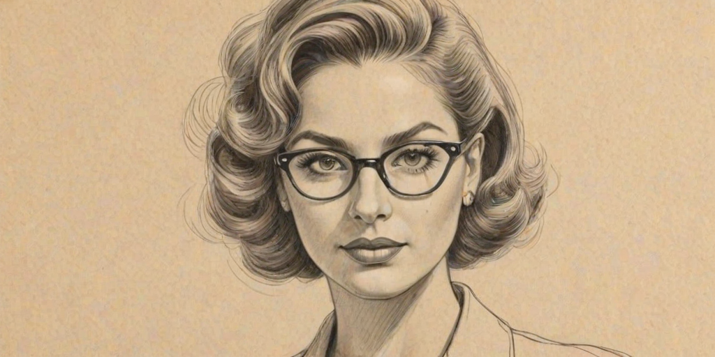 Alluring Cristina Milian, pencil sketch, portrait of Radiant woman 1941s in glasses, hair style beatnik, outline, clear lines, fine lines, 8k