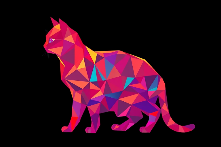 Create a vibrant low-poly cat silhouette filled with multicolored triangular patterns, captured in high resolution with a DSLR camera, focal length of 50mm, aperture set to f/1.8, ISO 200, and taken from a slightly elevated angle.