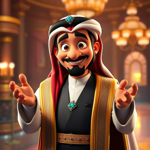 Create a 3D rendering of a wealthy Arab male sheikh from Dubai, inspired by the Disney animation style. The sheikh must have a smile and a playful but wise character. Place your character in an atmosphere of wealth and luxury. The image must be in high resolution format. Dynamic pose above the waist, gesturing with hands (Pixar Art style)++ highly detailed digital painting, art stations, concept art, soft focus, hard focus, illustrations. cinematic, visual effects, HDR, Unreal Engine 5, ray tracing, soft light, 8k, high detail, sparkling backlighting, luxury gem, game art, 3d, cartoon, colorful, magical, mysterious