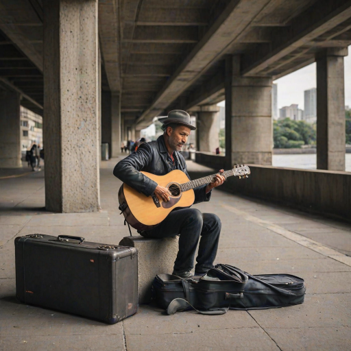 Street musician playing under a city bridge, his guitar case open for tips, the sound of soft melodies echoing against the concrete walls.