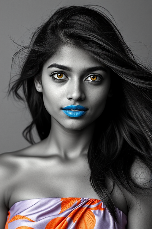 Photographic image of a beautiful young Sri Lankan woman, Yellow eyes, lips with cyan lipstick, long hair fluttering in the wind and wearing a silk strapless dress with a soft purple and orange print. monochrome image with only color highlights in the iris of the eyes, lipstick and dress. Gray background.