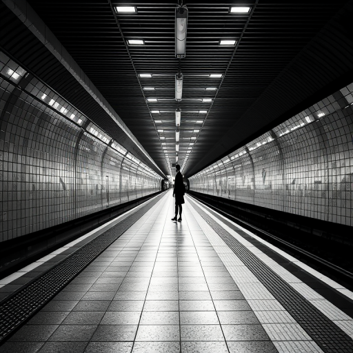 Generate a high-contrast black and white image of a subway platform with a solitary figure walking, emphasizing geometric lines and textures, shot with a Canon EOS R5 at f/8, ISO 100, 24mm, with a wide-angle perspective and a focus on depth.