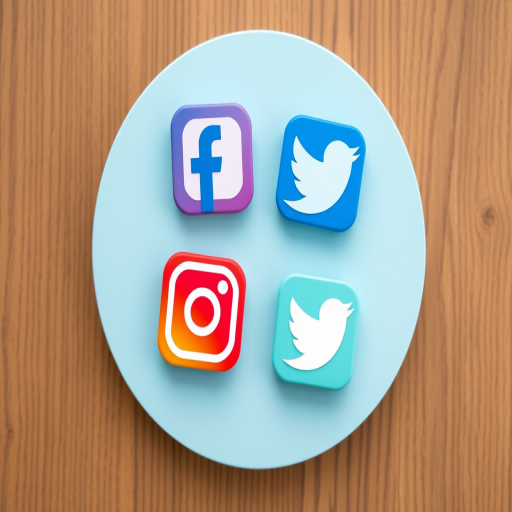 Create an image featuring four social media icons: Facebook, Instagram, Twitter, and LinkedIn, on a light blue circular background, shot with a DSLR camera at f/2.8 aperture, 50mm lens, ISO 100, in natural daylight, top-down view, focused and sharp.