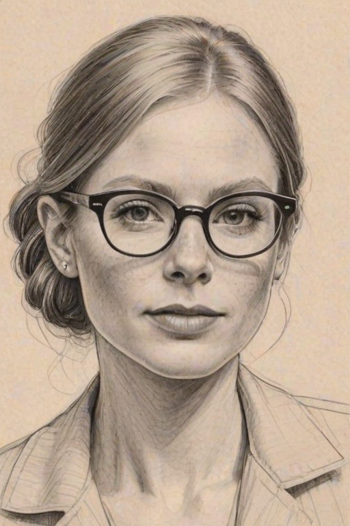 Dazzling Jesse Tyler Ferguson, pencil sketch, portrait of Beauteous woman 1972s in glasses, hair style beatnik, outline, clear lines, fine lines, 8k