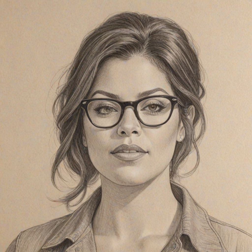 Captivating Sara Ramirez, pencil sketch, portrait of Fetching woman 1966s in glasses, hair style beatnik, outline, clear lines, fine lines, 8k