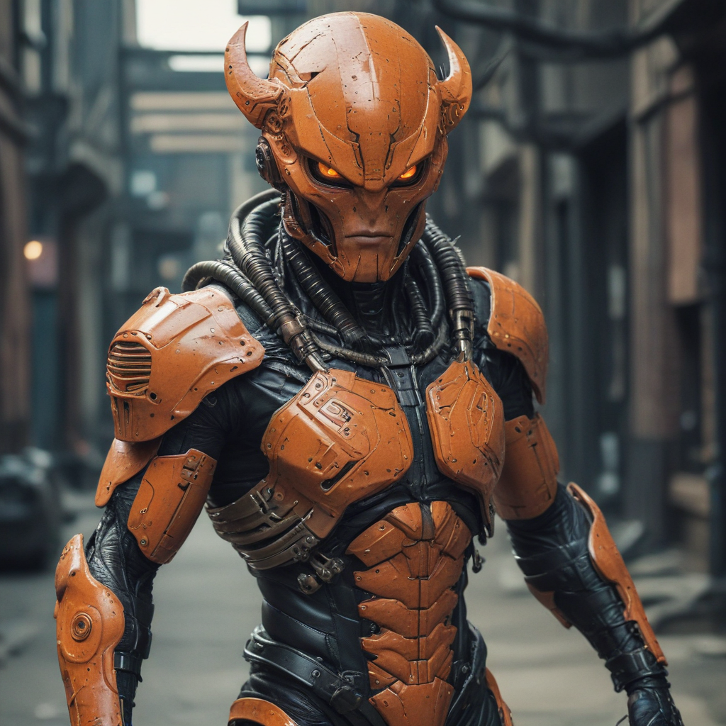 annunaki cyberpunk orange strong male with armor alien