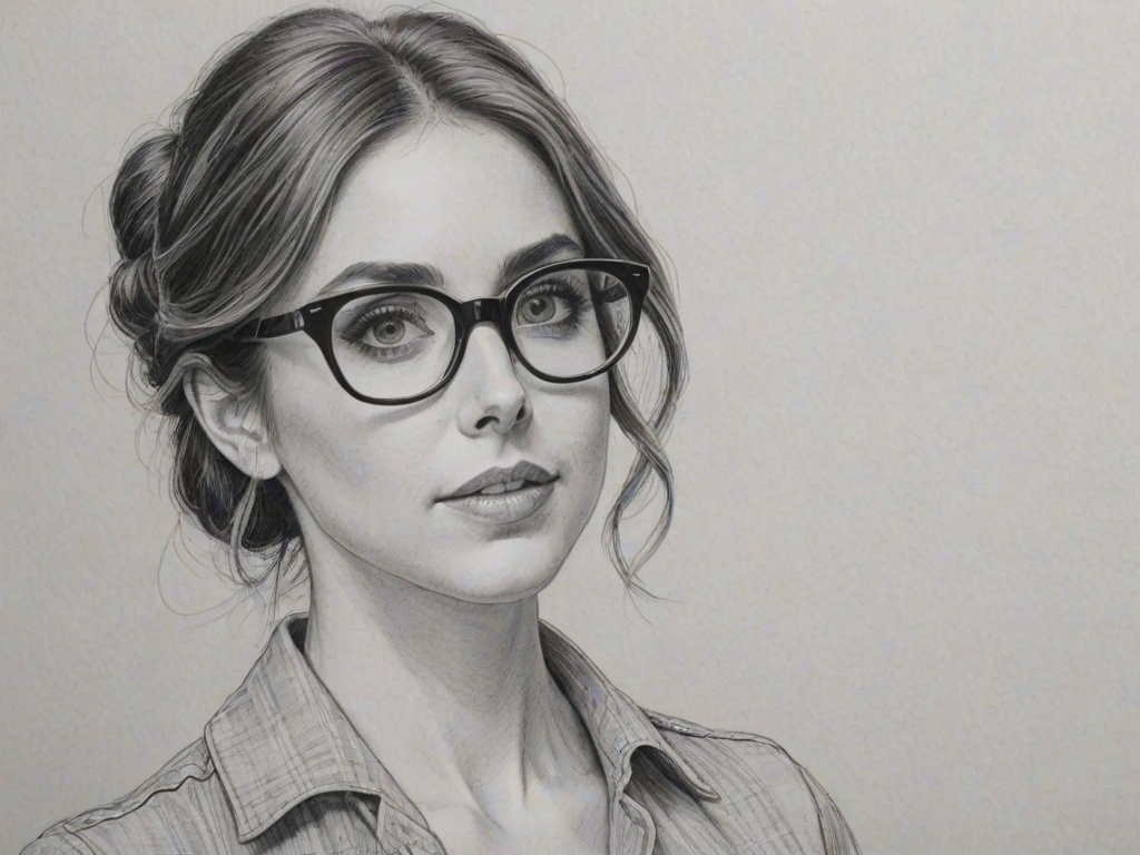 Ravishing Alison Brie, pencil sketch, portrait of Captivating woman 1962s in glasses, hair style beatnik, outline, clear lines, fine lines, 8k