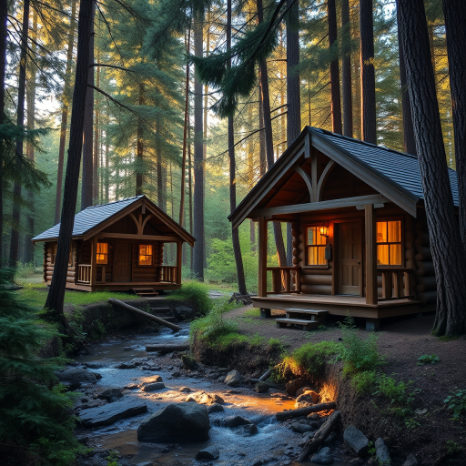 Create an enchanting forest scene featuring two cozy wooden cabins near a serene stream, surrounded by lush greenery and dappled sunlight, photographed with a Canon EOS 5D Mark IV, 24mm lens, f/8 aperture, ISO 100, 1/125s shutter speed, capturing a warm, inviting atmosphere in the golden hour.