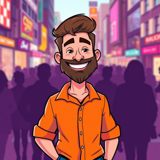 Create a vibrant cartoon character of a smiling man with a beard wearing an orange shirt, standing confidently in a busy urban background filled with silhouettes of people, using a DSLR camera, 50mm lens, f/2.8 aperture, ISO 100, with a soft focus effect and bright color saturation.