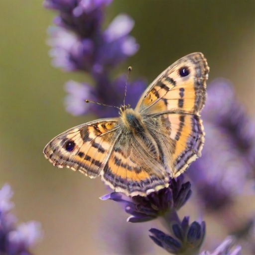Sharp, detailed close-up of a butterfly perched on a lavender flower, soft sunlight illuminating its vibrant wings, with tiny pollen particles visible on the flower's surface.