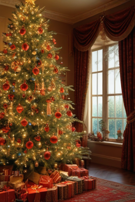 Cozy Christmas Scene with a Beautifully Decorated Tree and Gifts