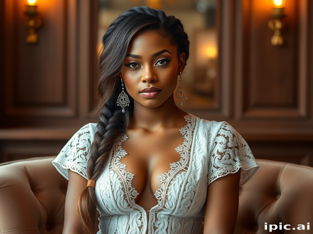 Create a portrait of a refined and elegant woman seated in a sophisticated setting. She has long, wavy hair styled in two thick braids that are pulled over her shoulders. She wears a white, lace gown with intricate patterns, featuring a deep V-neckline and short sleeves. The dress exudes a vintage charm with its delicate lacework. She is adorned with ornate, dangling earrings that add a touch of glamour to her appearance. The background is softly lit, with warm, ambient lighting that creates a cozy and inviting atmosphere. Her expression is poised and serene, capturing a sense of grace and elegance.