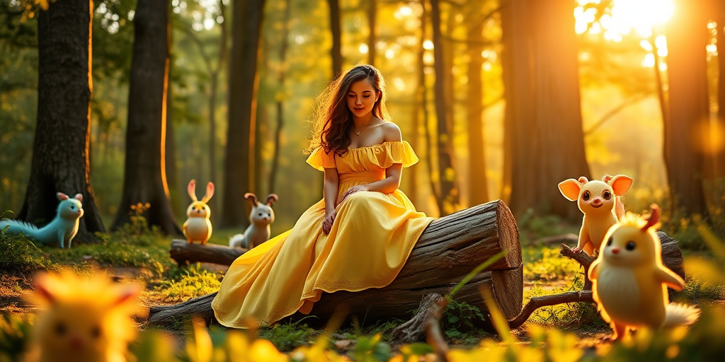 Create a whimsical scene of a young woman in a flowing yellow dress sitting on a log in an enchanted forest surrounded by playful, cartoonish creatures, soft golden hour lighting, depth of field at f/2.8, ISO 100, shot from a low angle with a 50mm lens on a DSLR camera.