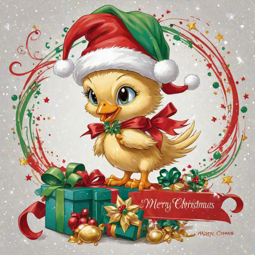 Merry Christmas” cosmic star art tweety bird wearing a Christmas hat and Santa jacket holding gift with a big bow tweety bird is extremely detailed and vibrant behind her is star cosmic design on white background that’s all Christmas colors red green white the words “MERRY CHRISTMAS” is written at the bottom in red electric font outline in black 3000dpi 32k