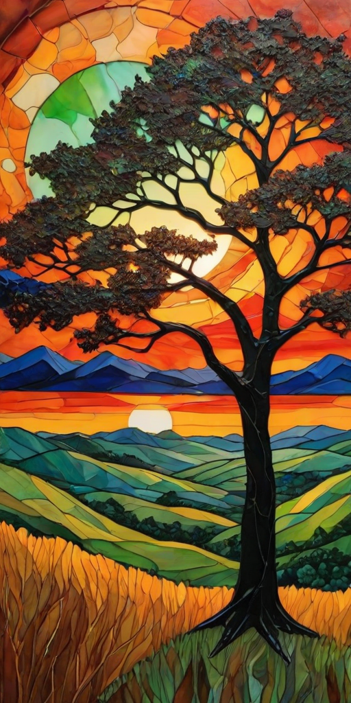 A vibrant abstract painting on Tiffany Glass, blending acrylic and alcohol ink techniques, captures a dramatic sunset over rolling hills. The artwork features a textured, rocky foreground in green and brown, layered abstract hills, and a striking sunset in rich oranges, yellows, and reds. A solitary black tree with intricate branches contrasts against the fiery sky, creating a dynamic and expressive portrayal of a breathtaking natural scene.