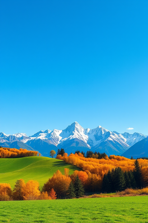 Generate a vibrant landscape of majestic mountains with snow-capped peaks against a clear blue sky, showcasing lush green fields and colorful autumn trees, using a Canon EOS 5D Mark IV with a 24mm lens at f/8, ISO 100, and a shutter speed of 1/250s, captured from a wide-angle perspective to enhance depth and detail.