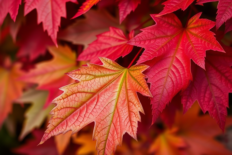Close-up of vibrant autumn leaves with varying shades of red and green, shallow depth of field, natural light, f/2.8, 1/250s, ISO 100, 85mm lens, DSLR camera, macro photography style.