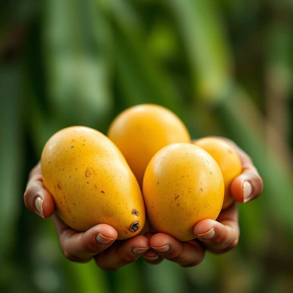 close-up of three ripe mangoes in hands against a blurred green background, taken with a Canon EOS R5, 50mm lens, f/1.8 aperture, ISO 100, natural light, shallow depth of field
