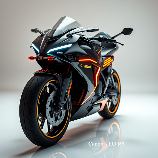 Create a high-resolution image of a futuristic motorcycle with neon accents and a sleek design, shot with a Canon EOS R5, 50mm lens, f/1.8 aperture, ISO 100, at a low angle view, studio lighting to enhance reflections and depth.