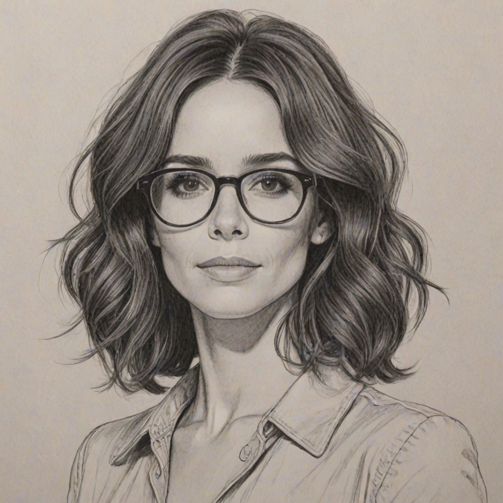 Captivating Abigail Spencer, pencil sketch, portrait of Enticing woman 1965s in glasses, hair style beatnik, outline, clear lines, fine lines, 8k