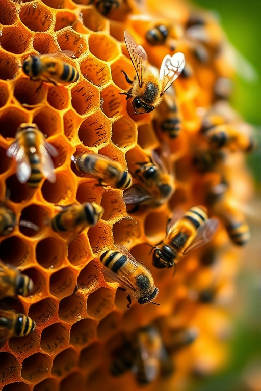 Close-up of a bee's nest with bees flying around, macro lens, f/2.8 aperture, 1/200s shutter speed, ISO 100, shot with a DSLR camera, natural light, focus on the intricate structure and texture of the honeycomb.