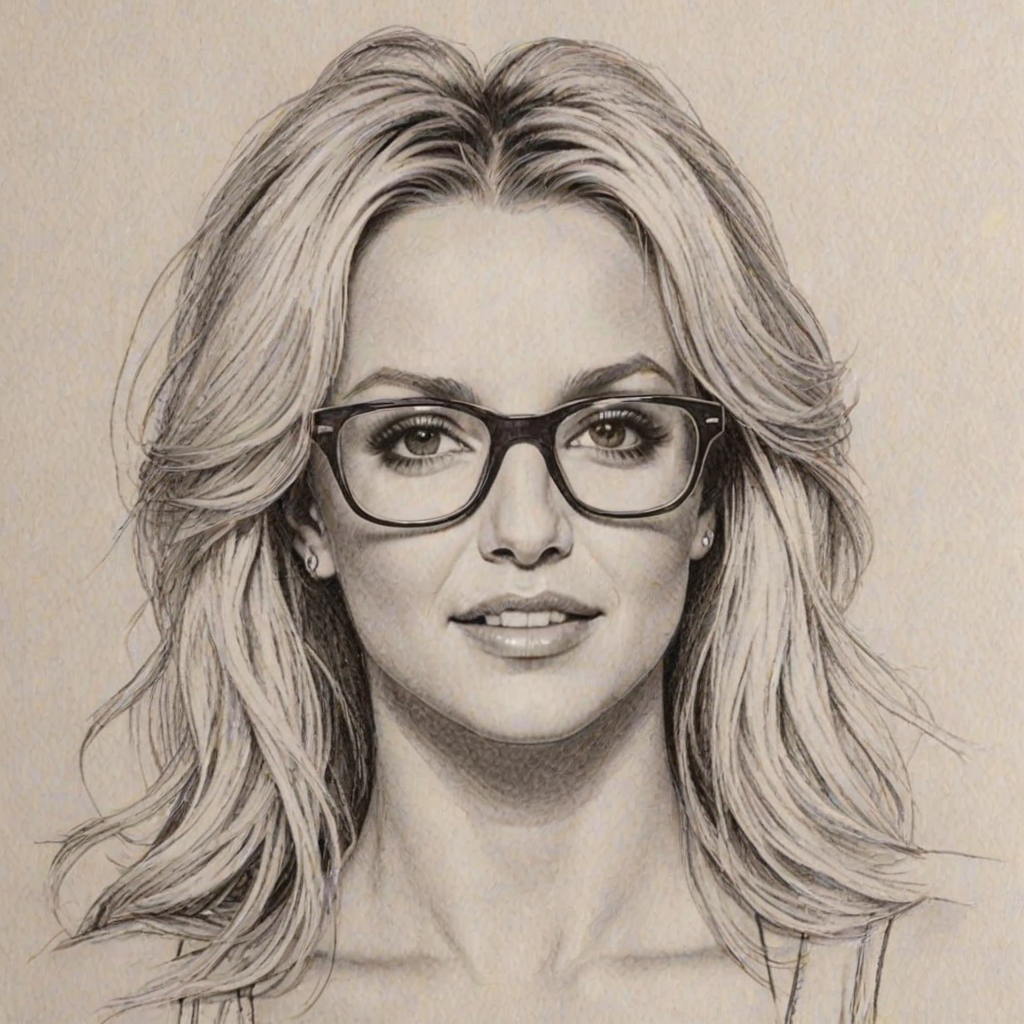 Appealing Britney Spears, pencil sketch, portrait of Comely woman 1980s in glasses, hair style beatnik, outline, clear lines, fine lines, 8k