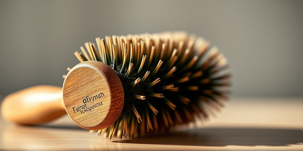 Create a high-resolution image of a hairbrush with a round handle and bristles, captured with a DSLR camera at f/2.8, ISO 100, 50mm lens, in bright natural light with a shallow depth of field, focusing on texture and detail.