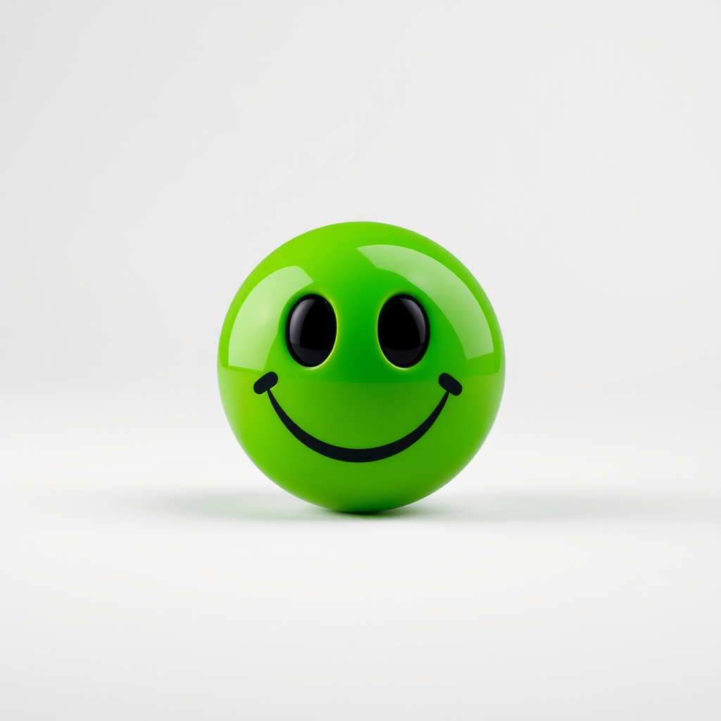 Create a glossy green smiley face icon with large eyes and a wide smile, captured using a Canon EOS R5, 50mm lens, f/2.8 aperture, ISO 100, soft studio lighting, and a slight perspective view to enhance depth.