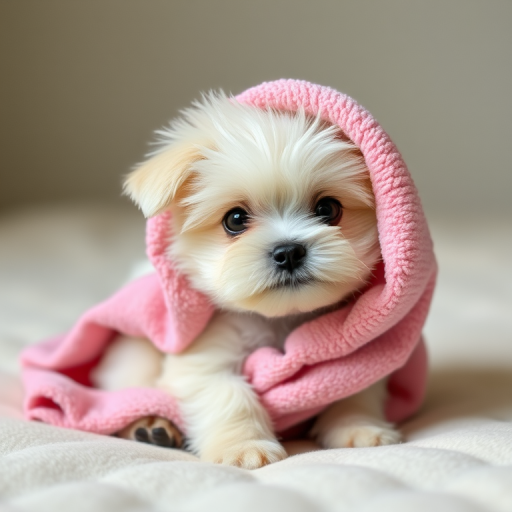 A small fluffy white dog wrapped in a pink towel sitting on a soft surface with a curious expression. The dog's big dark eyes and small nose are visible, creating an adorable and cozy appearance.