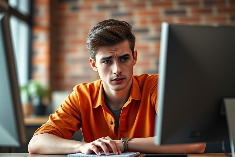 Capture a young man in an orange shirt sitting at a desk with a distressed expression while looking at a computer, indoor setting with brick wall background, natural light, depth of field, 50mm lens, f/1.8, ISO 200, shutter speed 1/125 sec, using a DSLR camera.