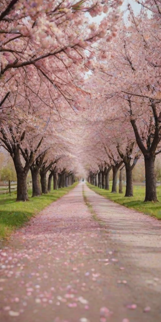 Soft-focus image of a quaint country road lined with blossoming cherry trees, soft pink petals falling gently to the ground, creating a magical pathway under a clear sky.