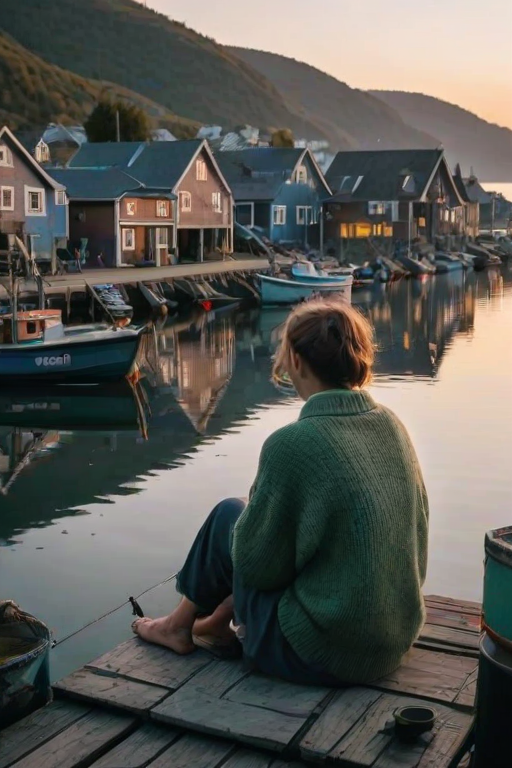 Quiet fishing village at dawn, boats bobbing in the harbor, a woman in a woolen sweater sits on the dock, her feet dangling over the edge as she watches the fishermen prepare for the day.