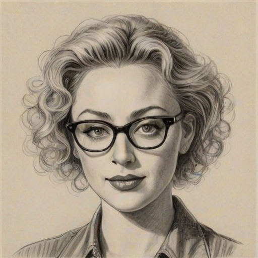 Appealing Virginia Madsen, pencil sketch, portrait of Attractive woman 1927s in glasses, hair style beatnik, outline, clear lines, fine lines, 8k