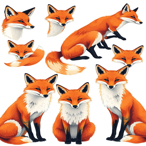 Create a high-resolution image of abstract fox illustrations in various poses and styles, using a Canon EOS R5 camera with a 50mm lens, aperture set to f/1.8, ISO 100, and a shallow depth of field to enhance color vibrancy and detail, with a clean white background.